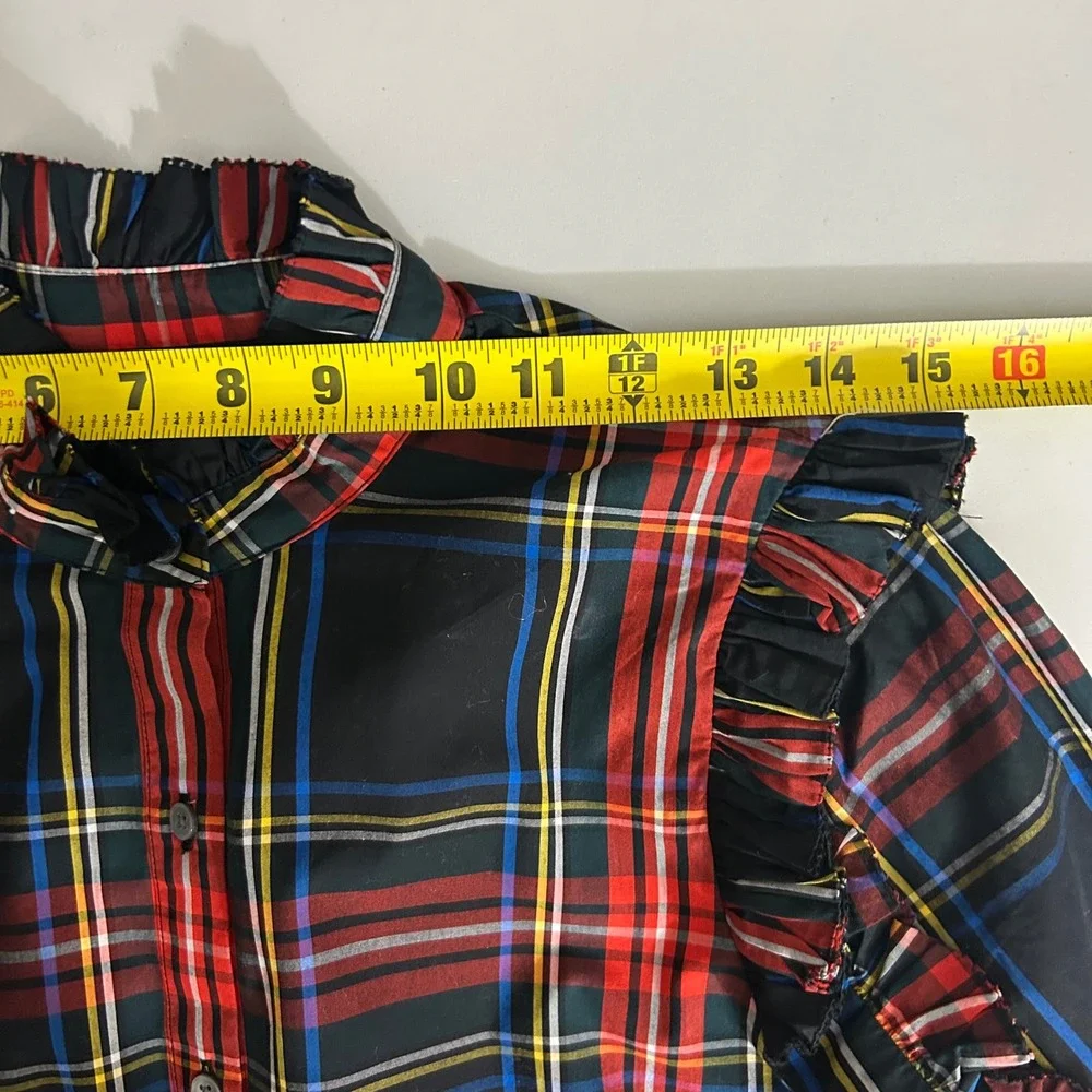 NWT J.Crew Classic Fit Ruffle Popover Black Stewart‎ Tartan Plaid Womens Small
